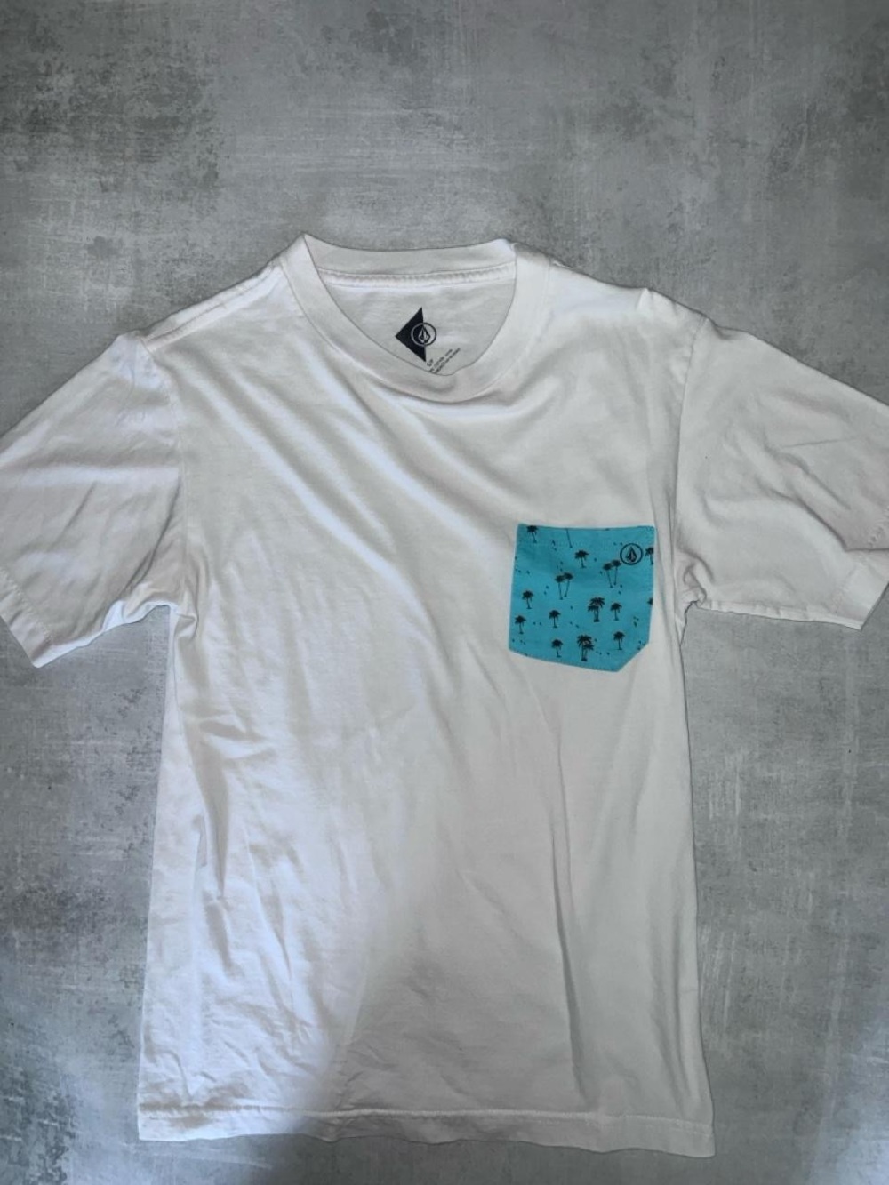 Volcom White Crew Tee with Teal Palm Pocket